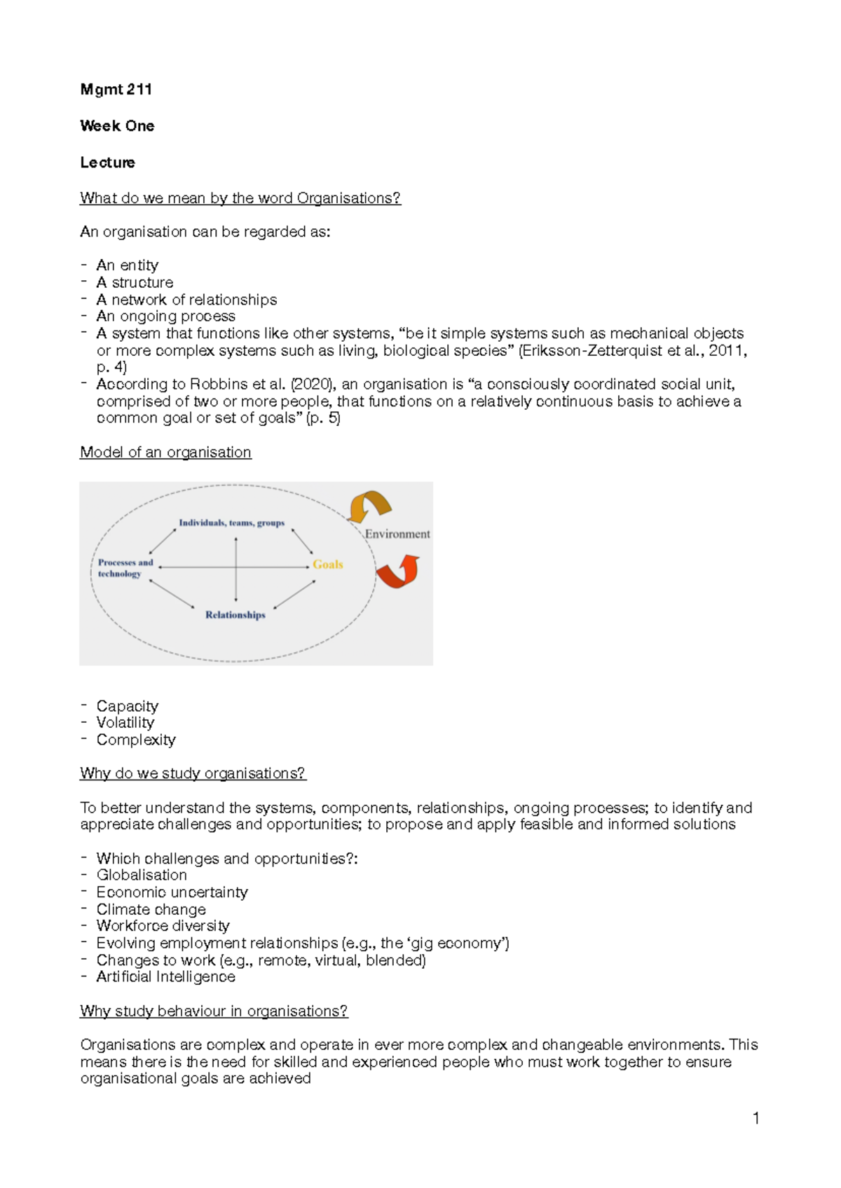Mgmt 211 - Comprehensive Lecture Notes on Organizational Behaviour ...