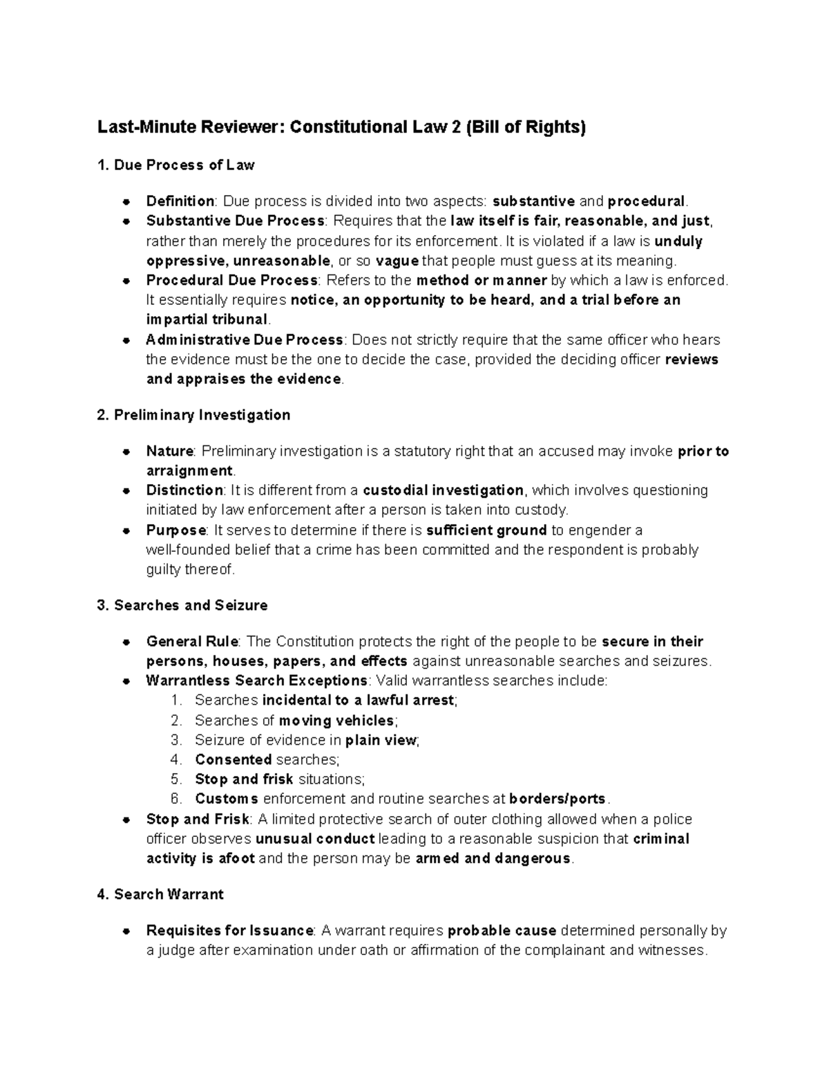Last Minute Reviewer: Constitutional Law 2 (Bill of Rights) - Studocu
