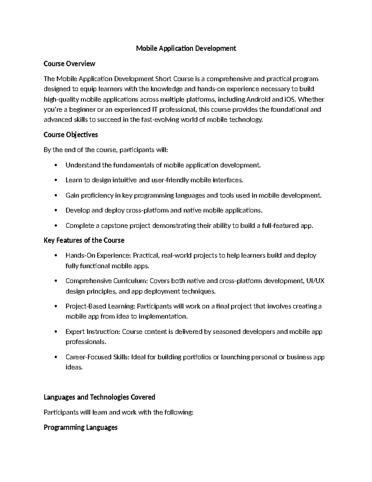 Mobile Application Development Course Overview and Objectives - Studocu