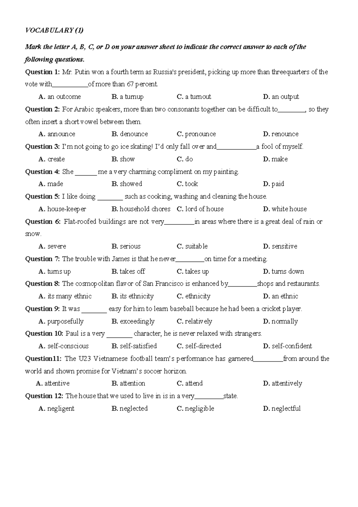 1 Vocabulary - vocab - VOCABULARY (1) Mark the letter A, B, C, or D on ...