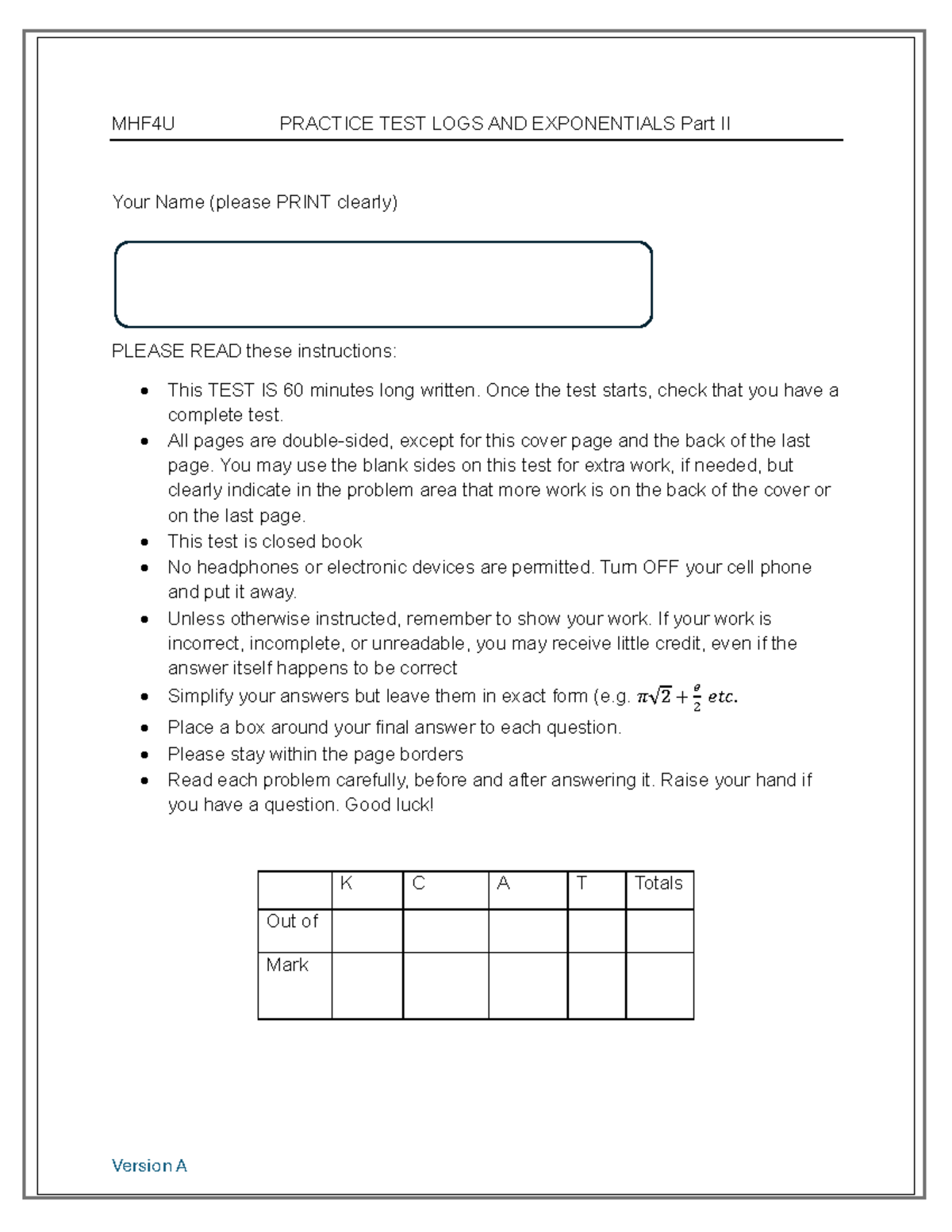 MHF4U TEST: LOGS AND EXPONENTIALS Practice Test Part II - Studocu