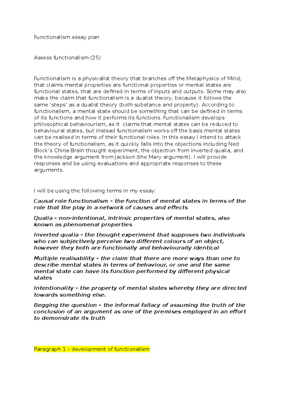 Functionalism Essay Plan for Philosophy Course (Final Exam) - Studocu