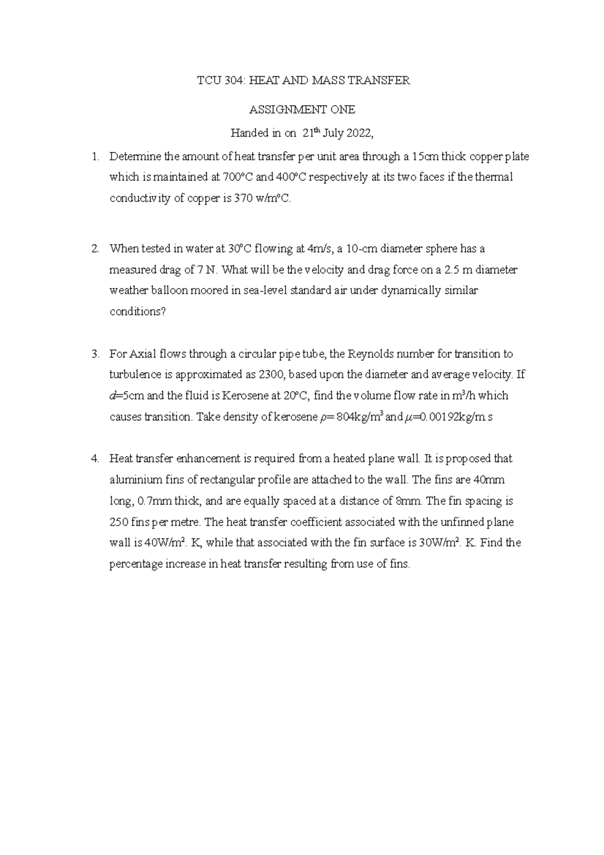 TET 304: Assignment 1 - Heat and Mass Transfer Analysis - Studocu