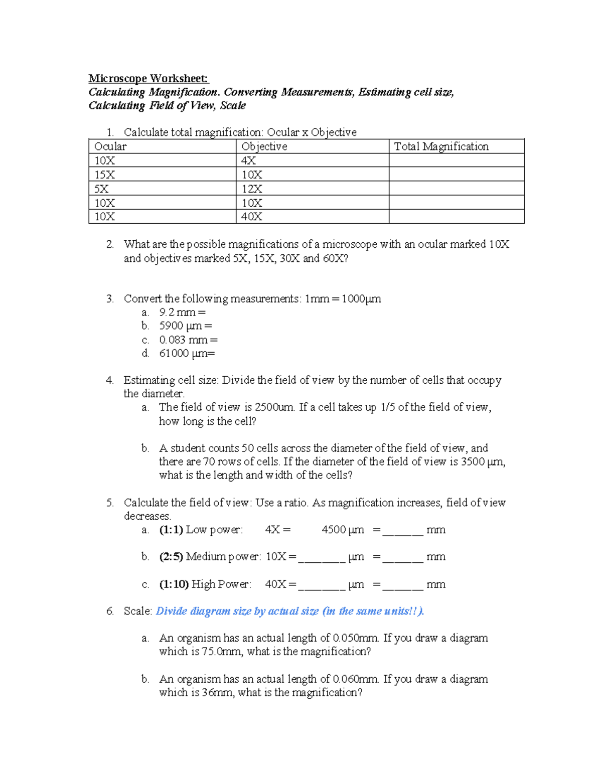 Microscope Worksheet 1.1: Magnification & Measurement Calculations ...