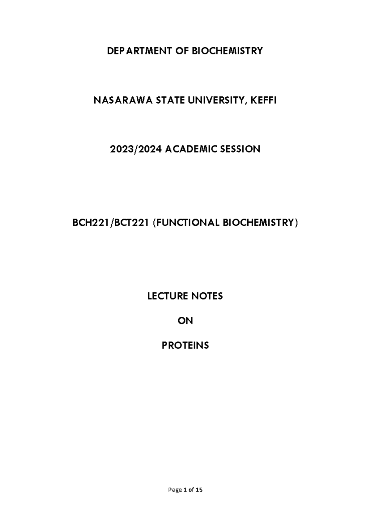 BCH 221 Lecture Notes on Proteins: Structure, Functions, and ...
