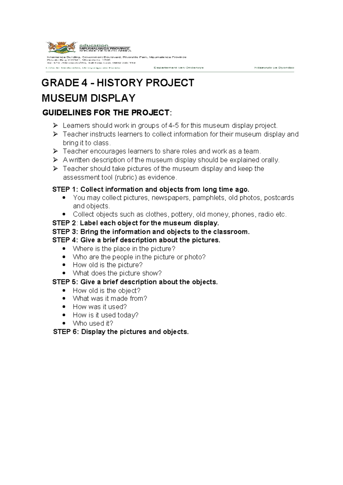 Grade 4 History Project: Museum Display Guidelines & Steps - Studocu