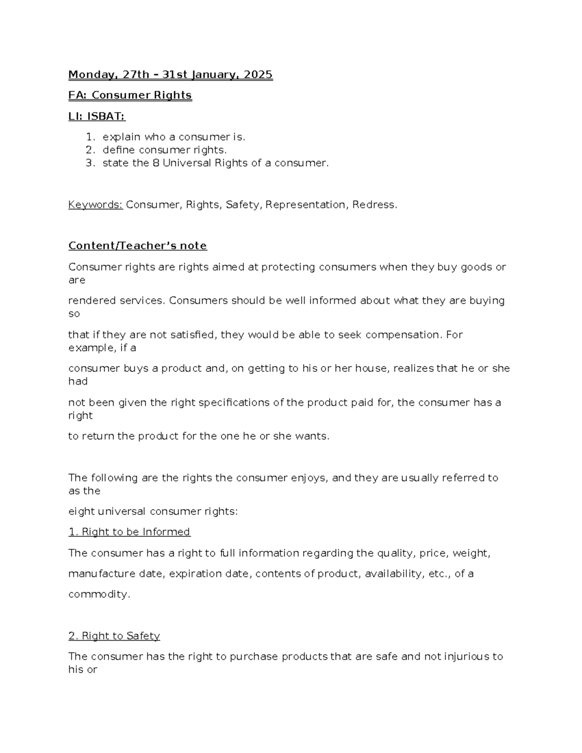 FA: Consumer Rights Overview and 8 Universal Rights Explained - Studocu