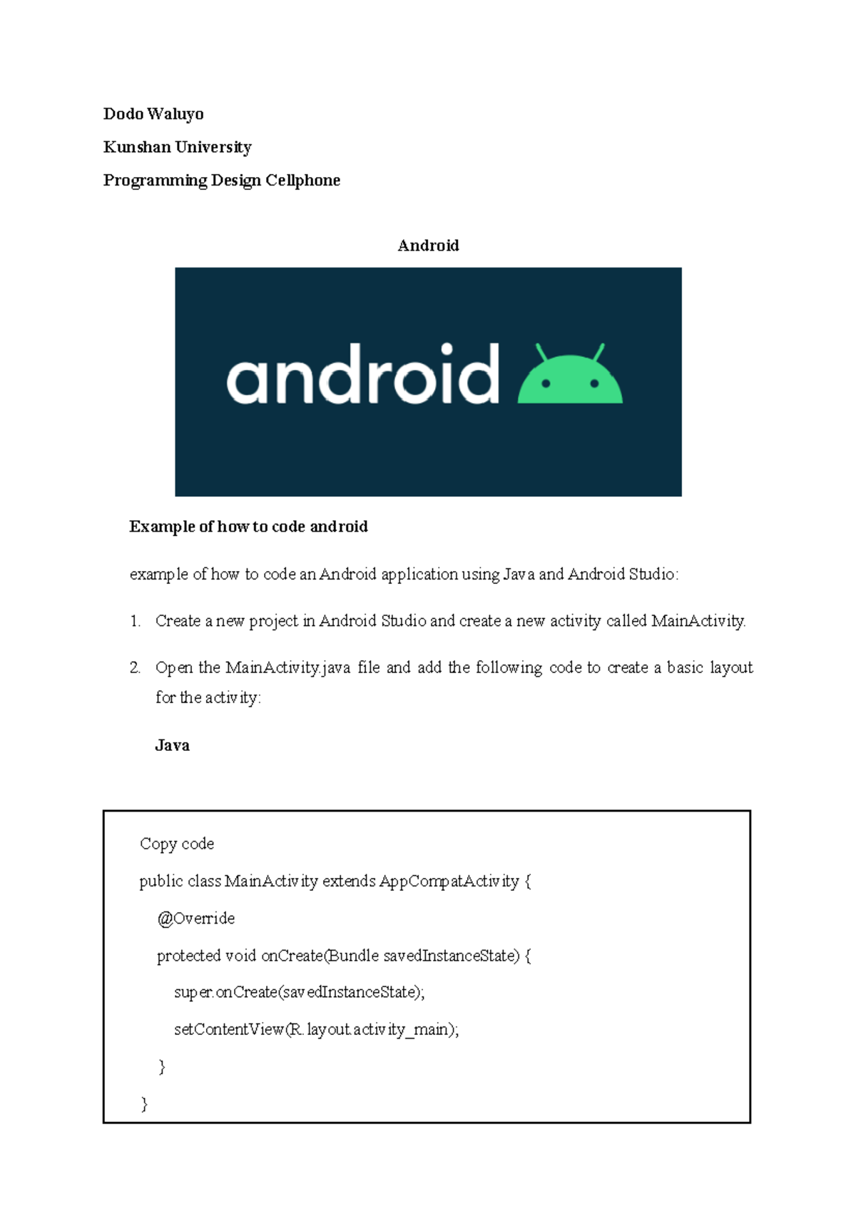 Android Programming Example: Basic App Development Guide - Studocu