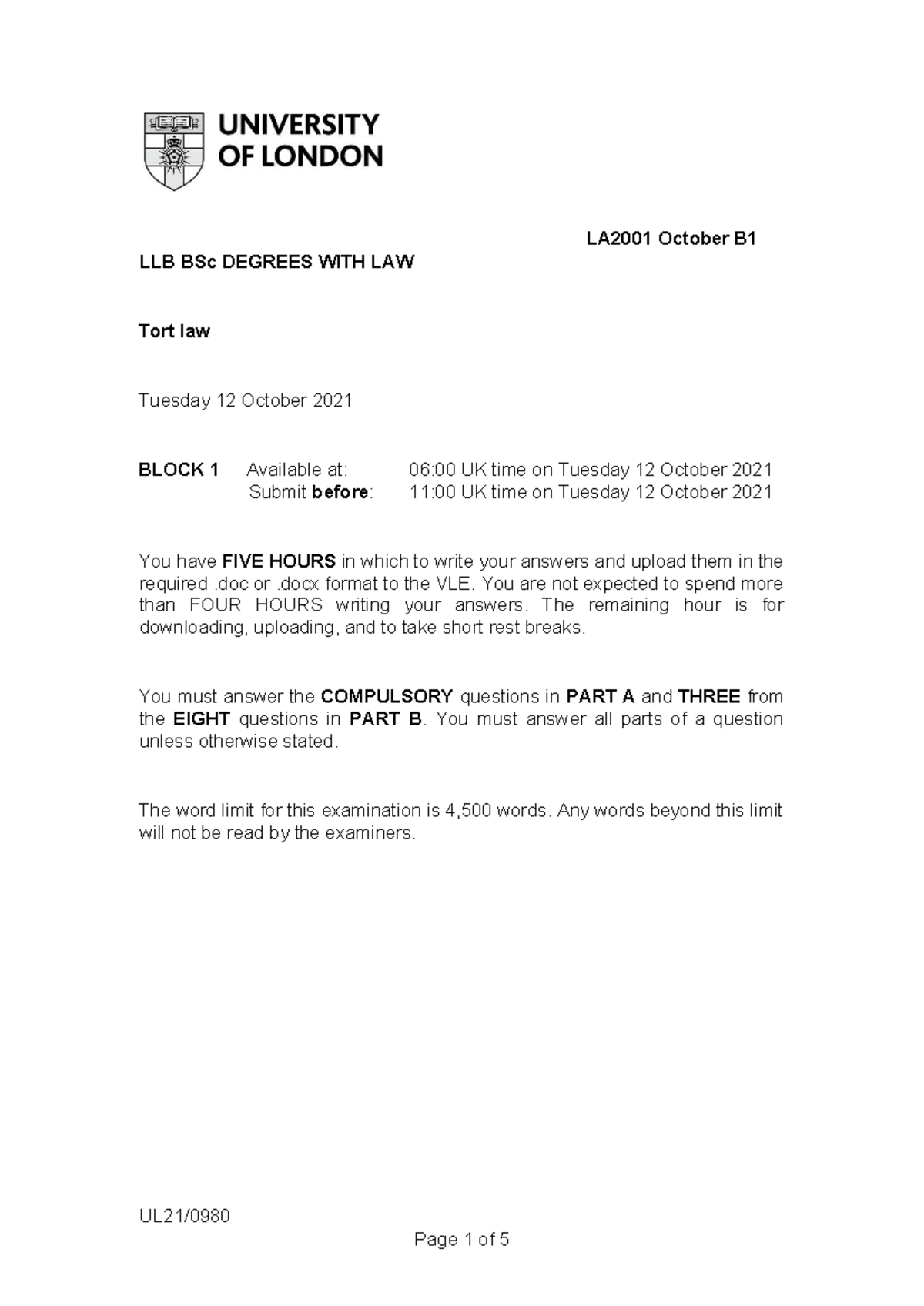 LA2001 Tort Law Exam Paper - October 2021 (Block 1) - Studocu