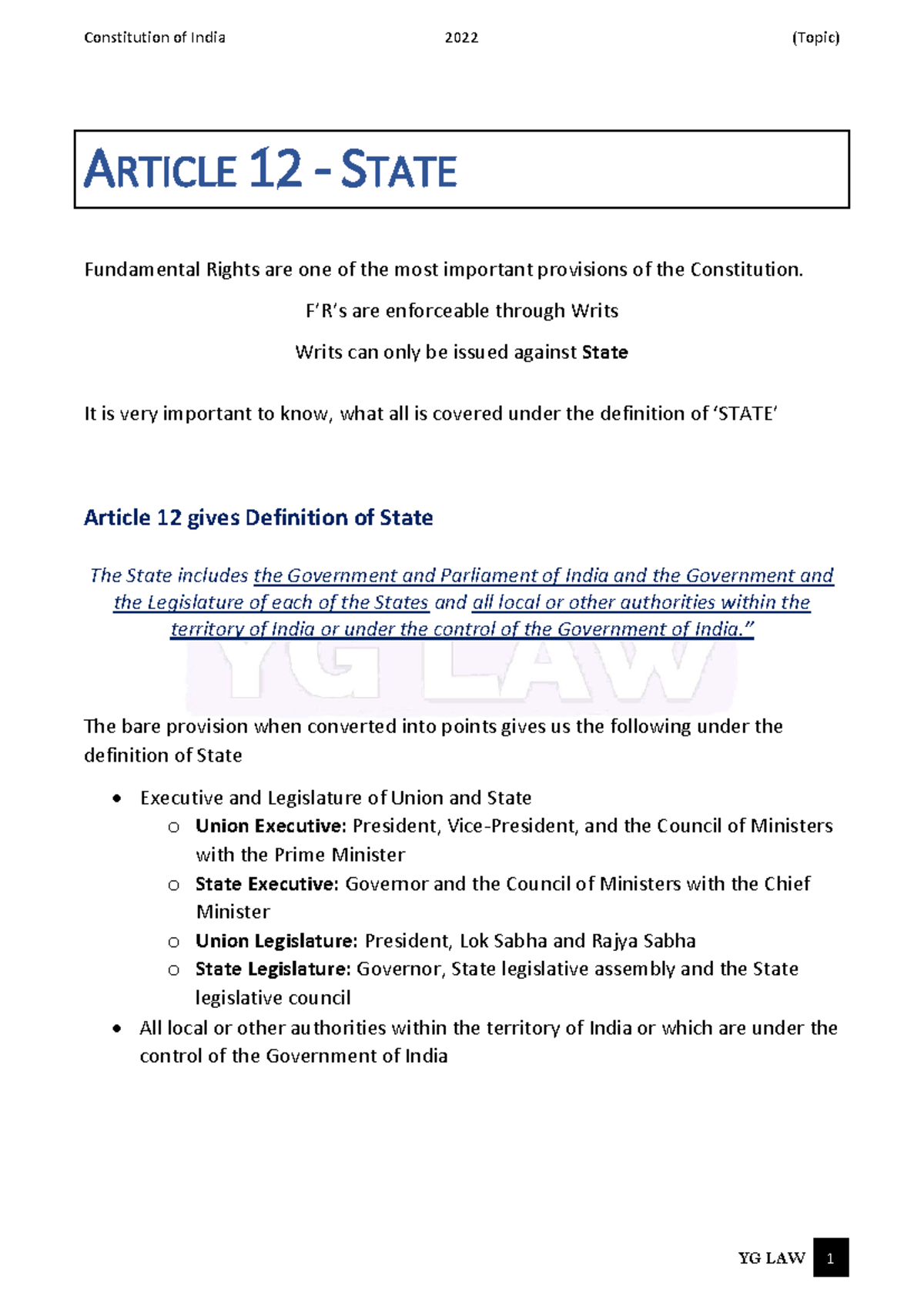 Article 12: Definition of State & Fundamental Rights - YG LAW 1 - Studocu
