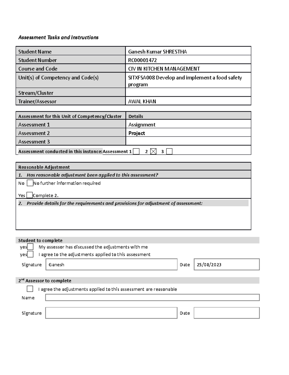 CIV IN KITCHEN MANAGEMENT SITXFSA008 Assessment 2: Food Safety Project ...