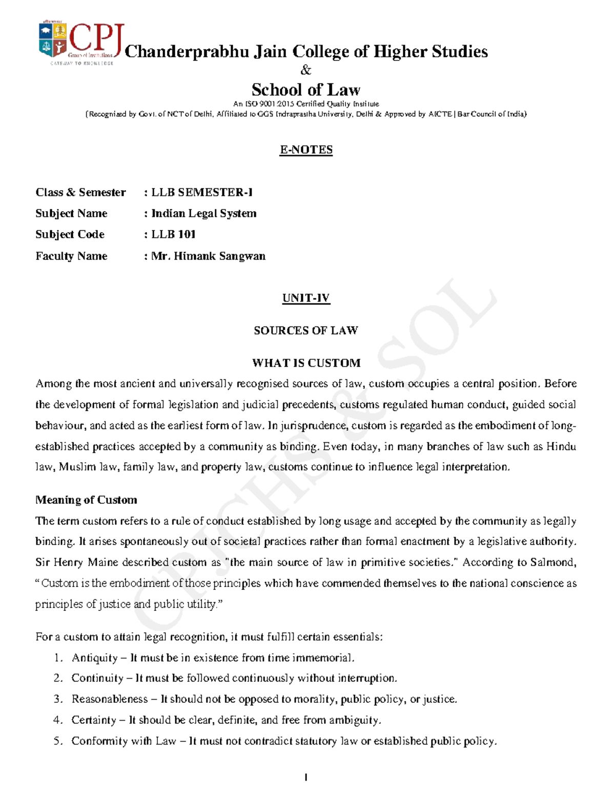 E-Notes on Sources of Law: Custom and Precedent (LLB 101) - Studocu