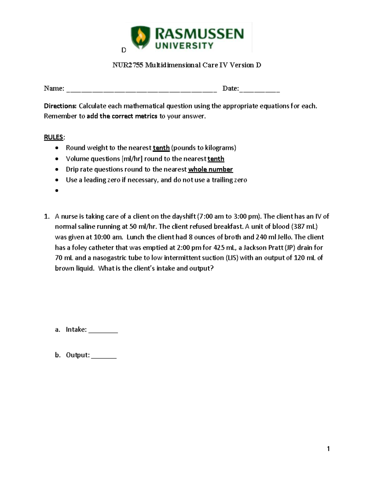 NUR2755 Multidimensional Care IV: Math Calculations & Case Study - Studocu