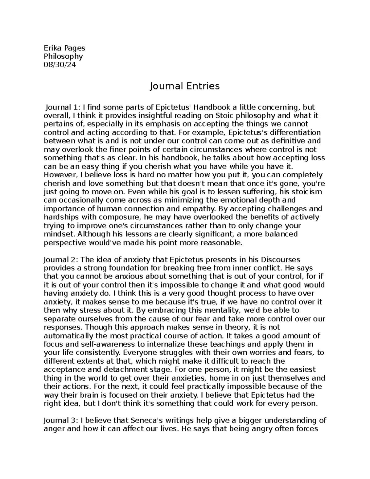 Philosophy Journal Entries: Reflections on Stoicism and Anxiety - Studocu