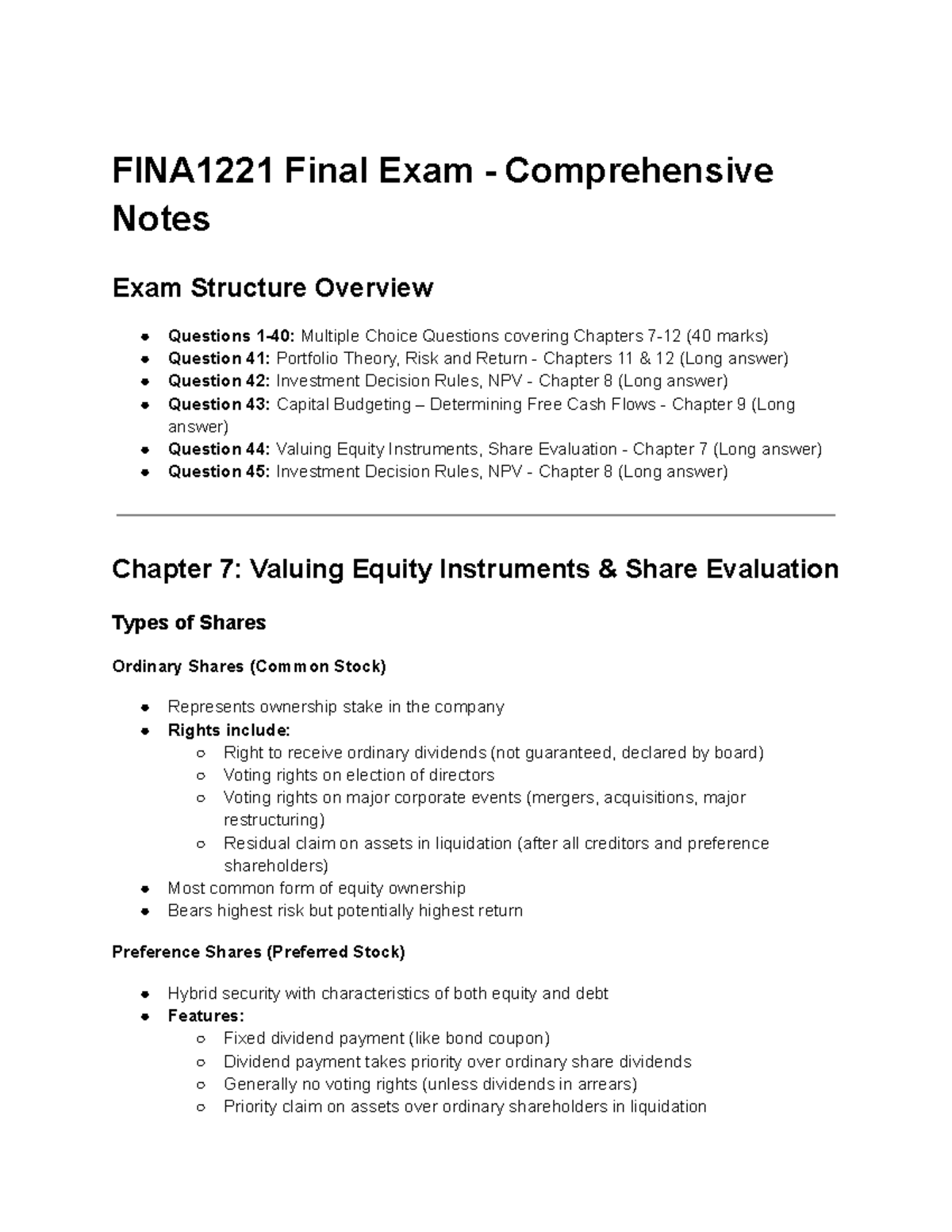 FINA1221 Final Exam - Comprehensive Study Notes on Investment Valuation ...