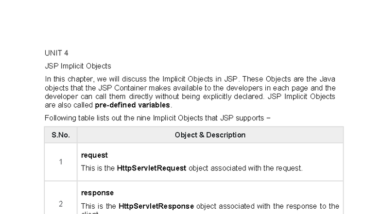 Advance JAVA JSP UNIT 4: Understanding Implicit Objects - Studocu