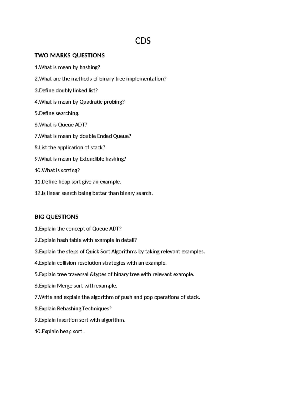 CDS 2 - Two Marks & Big Questions on Data Structures - Studocu
