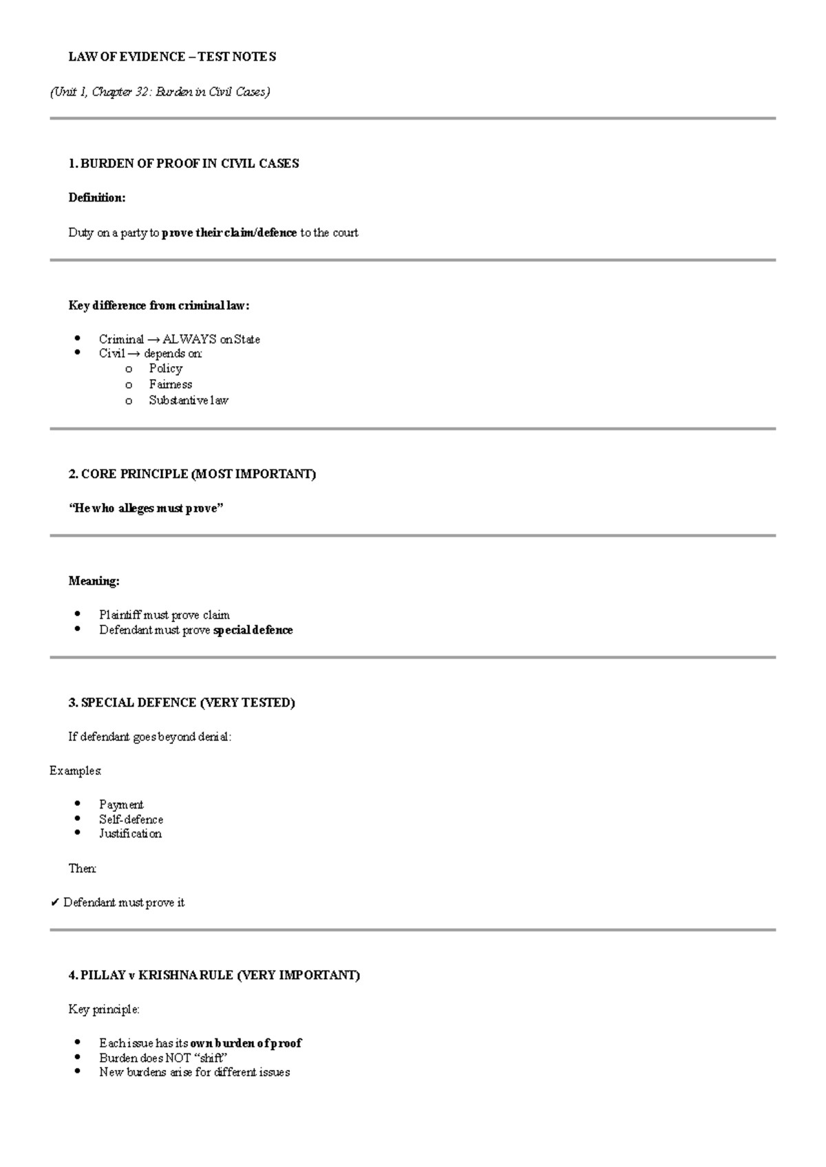 LAW OF EVIDENCE TEST NOTES (Unit 1, Burden of Proof in Civil Cases ...