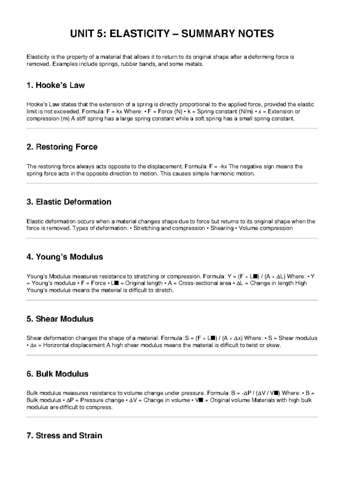 UNIT 5: ELASTICITY SUMMARY NOTES - Studocu