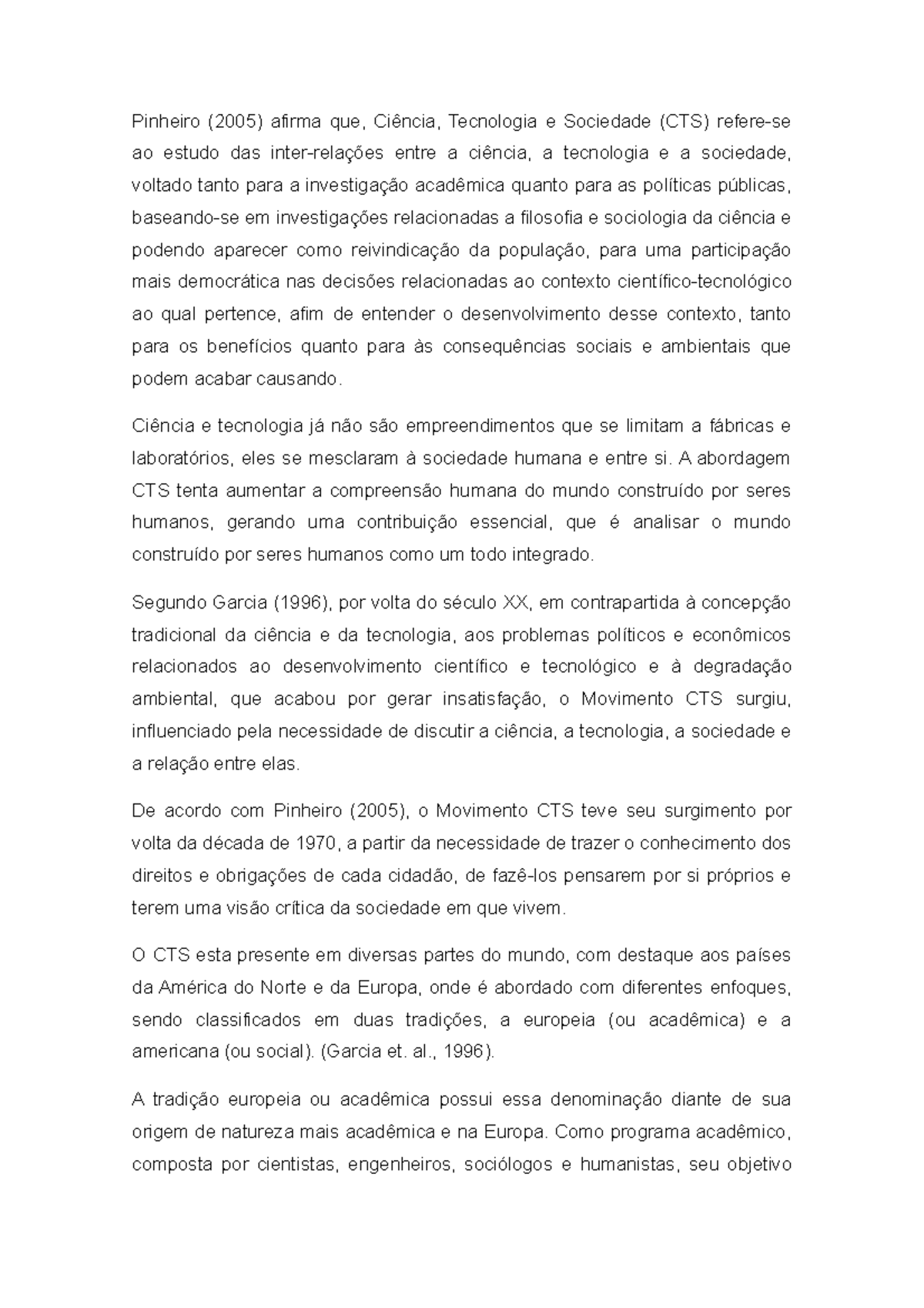 Resumo sobre Ciência, Tecnologia e Sociedade - CTS (Pinheiro, 2005 ...