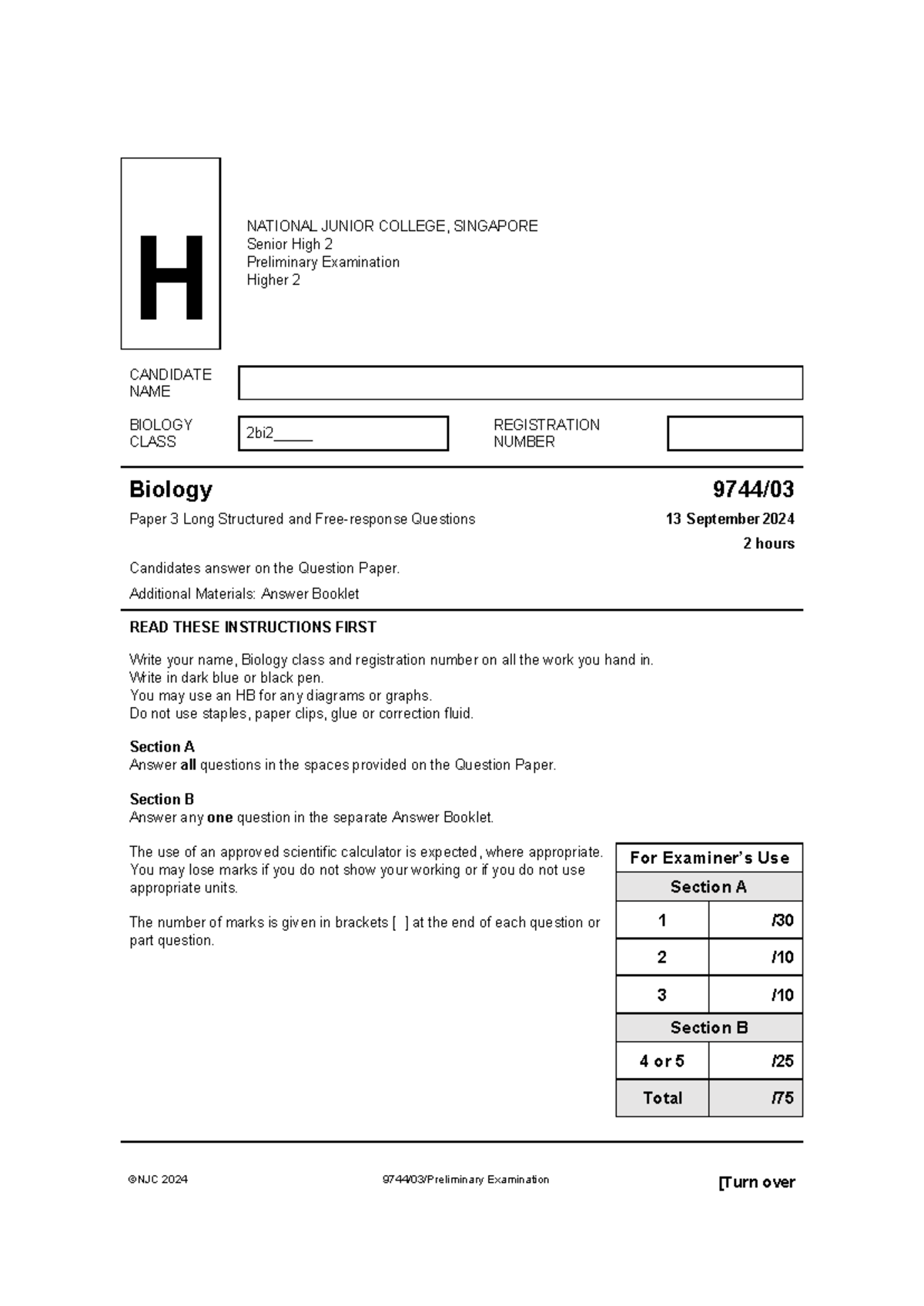 2024 NJC H2 Biology Paper 3 Preliminary Exam Questions - Studocu