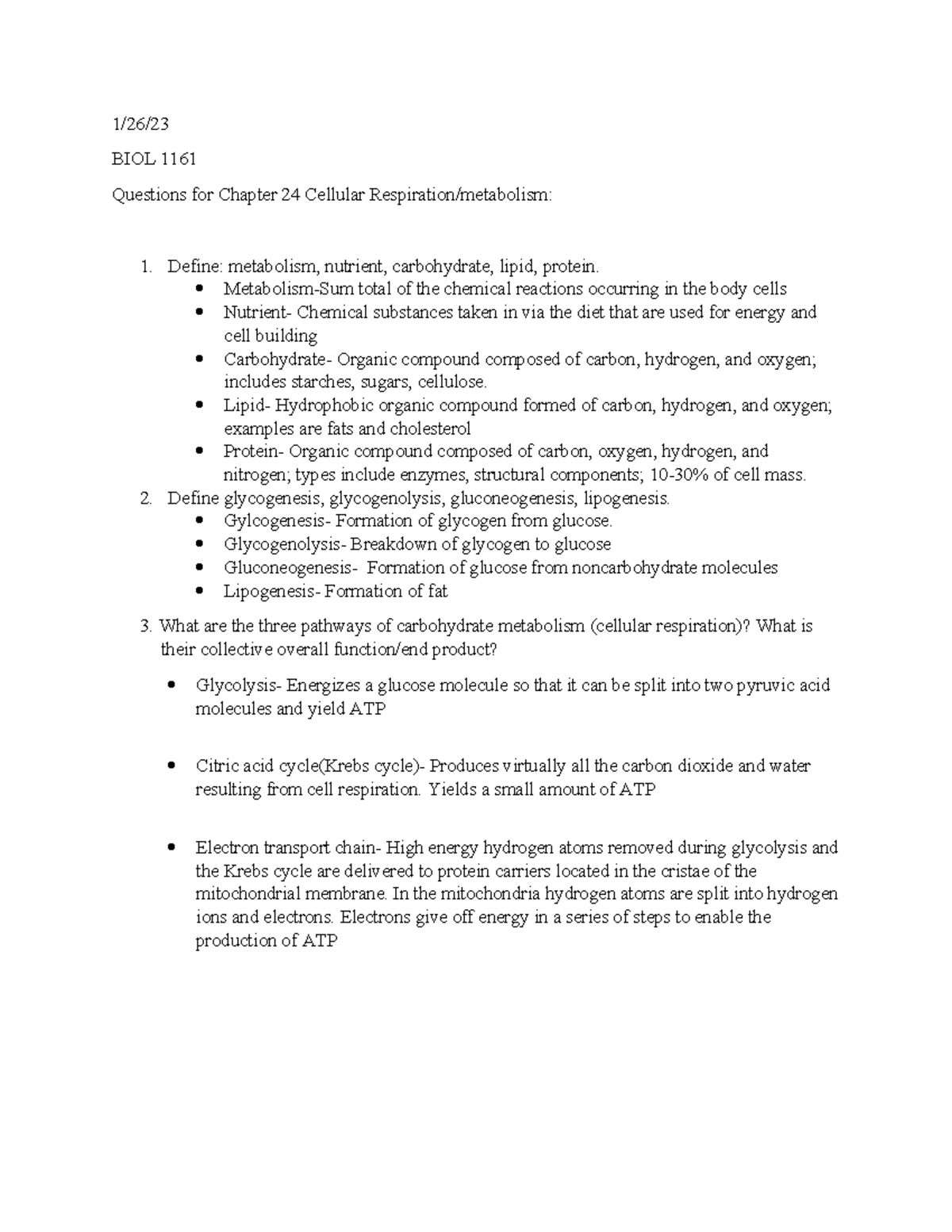 BIOL 1161 Final Exam Questions for Chapter 24: Cellular Respiration ...