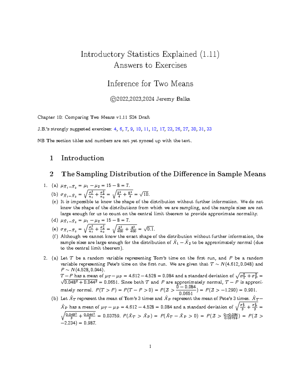 Introductory Statistics (1.11) Chapter 10: Comparing Two Means ...