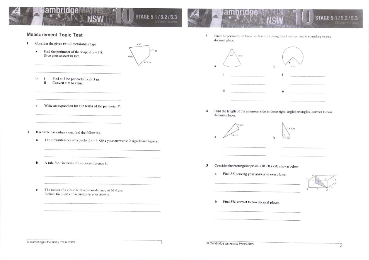 Year 10 Measurement Topic Test (NSW) - Practice Questions - Studocu