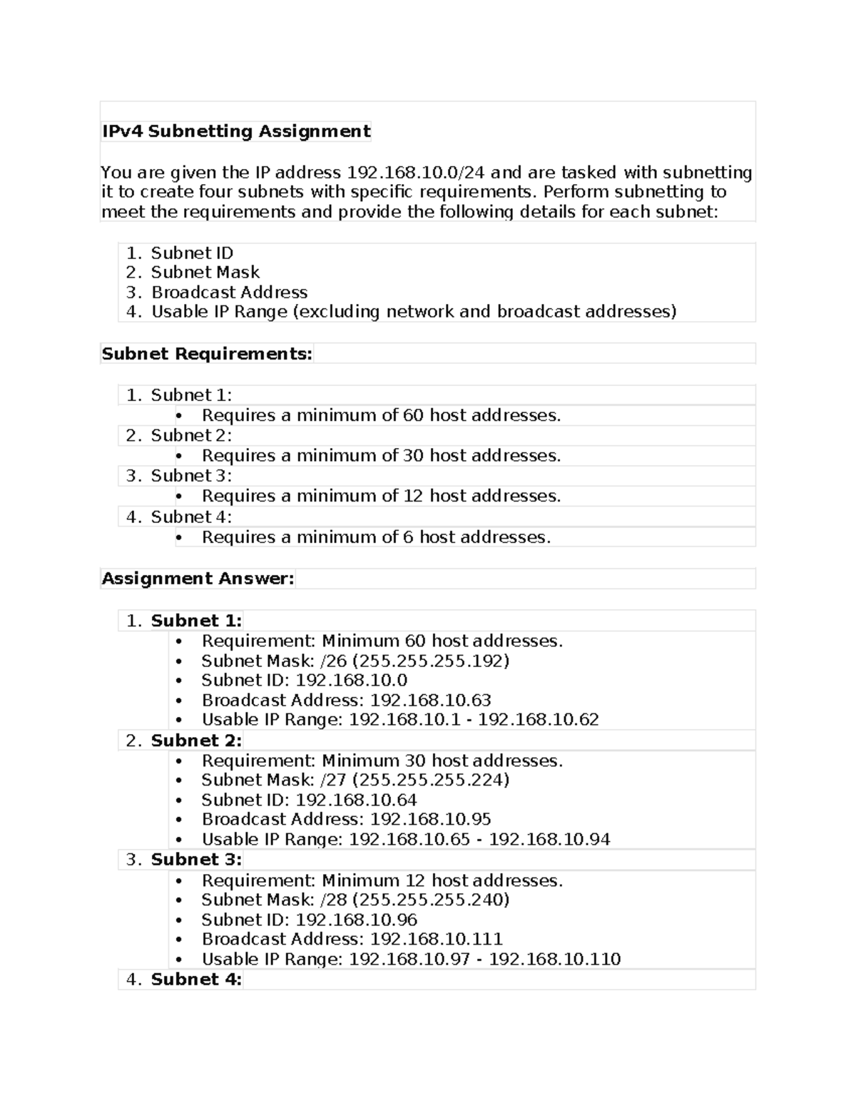 IPv4 Subnetting Assignment: Creating 4 Subnets from 192.168.10.0/24 ...