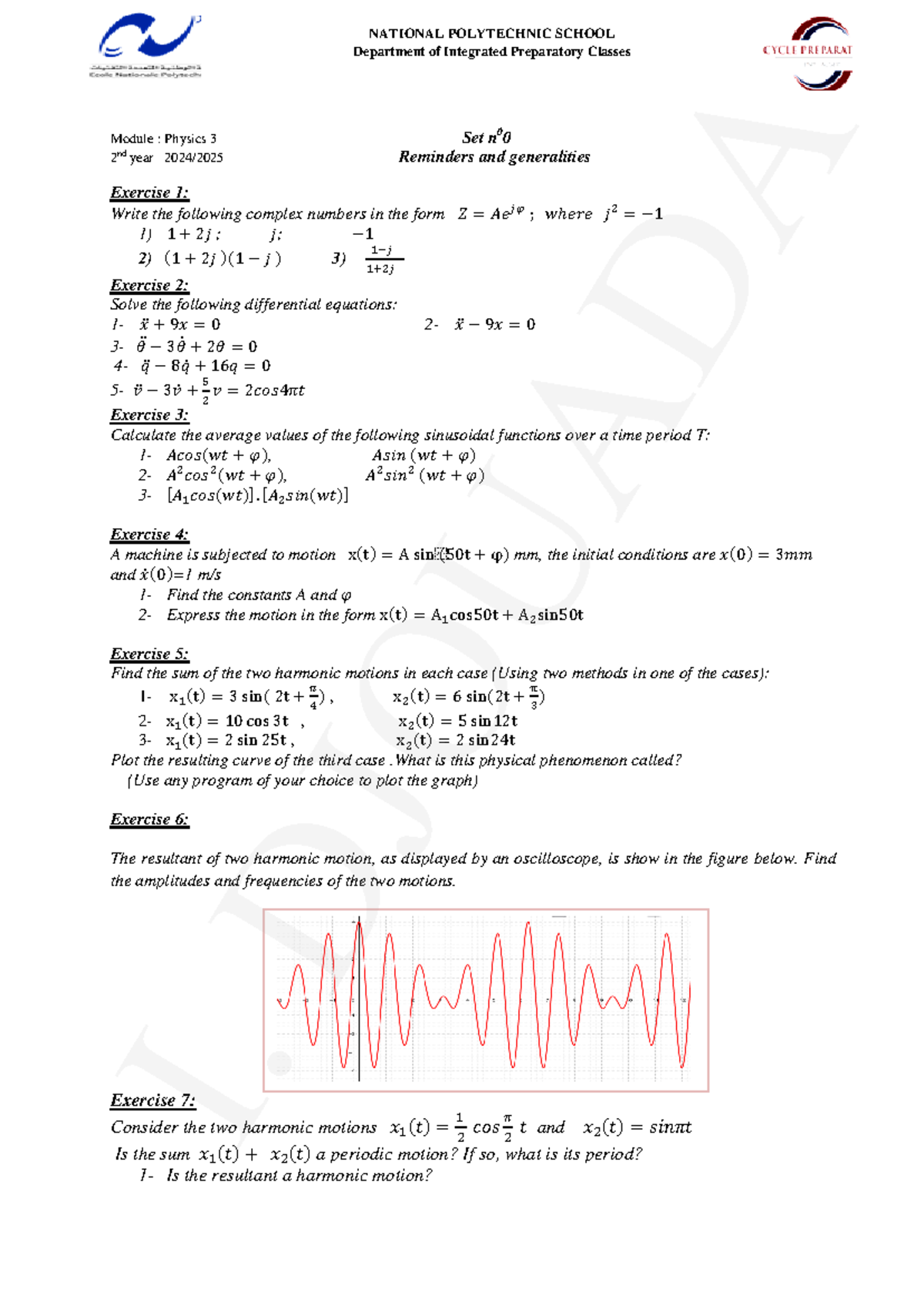 Physics 3 - Set 0: Exercises on Complex Numbers & Differential Eqns ...