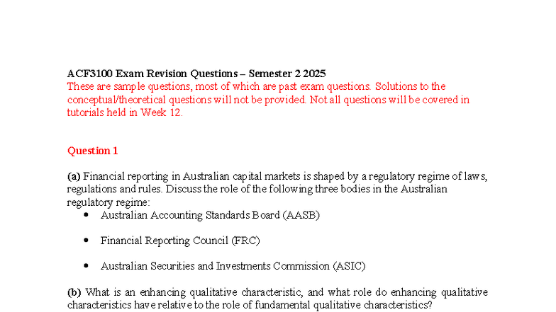 ACF3100 Exam Revision Questions with Solutions S2 2025 - Studocu