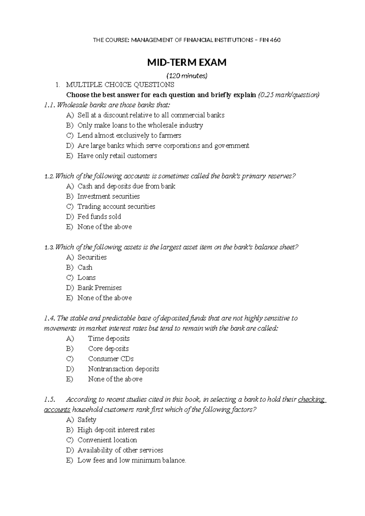 FIN 460 Midterm Exam: Management of Financial Institutions 2025 - Studocu