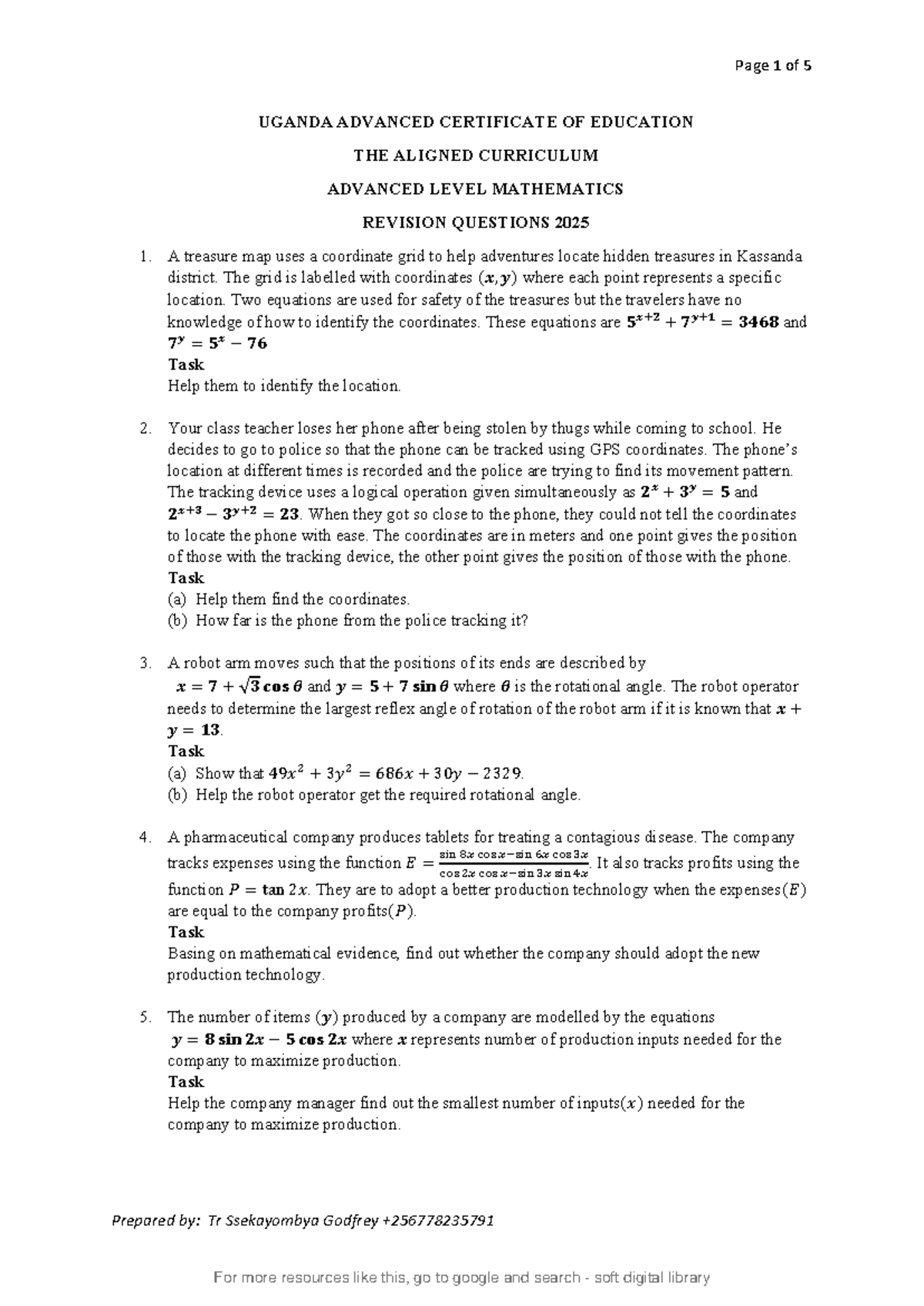 UGANDA ADVANCED CERTIFICATE OF EDUCATION A LEVEL MATH REVISION Qs 2025 ...