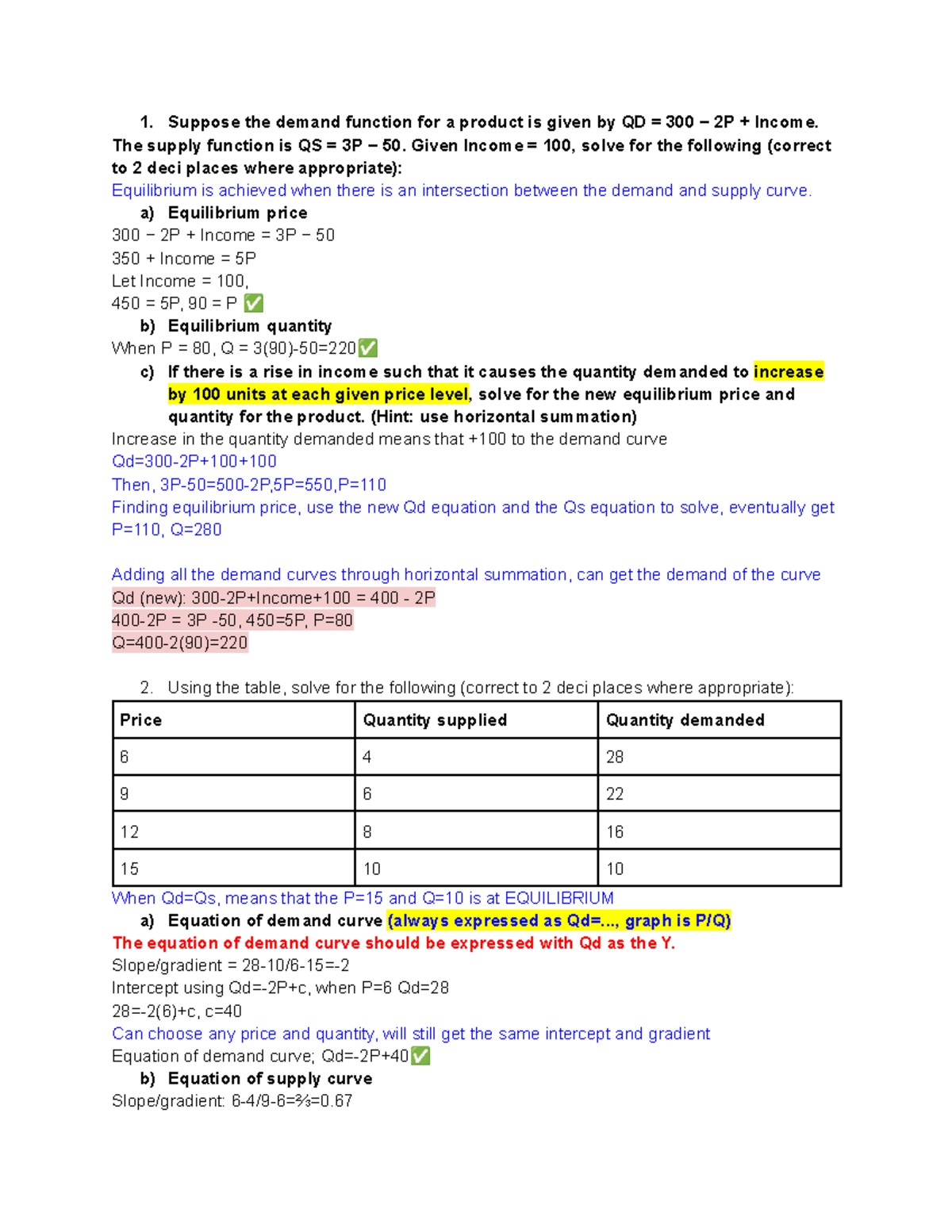 BSP1703 Tutorial: Demand & Supply Equilibrium Analysis - Studocu