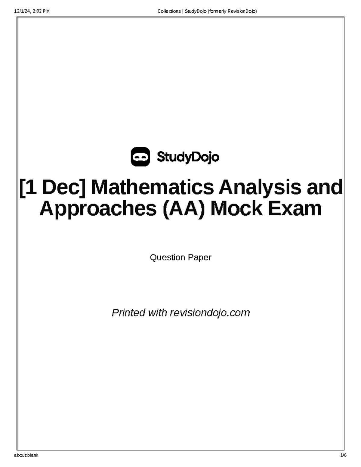 MATH AA Trimestral Mock Exam Questions and Solutions - Studocu