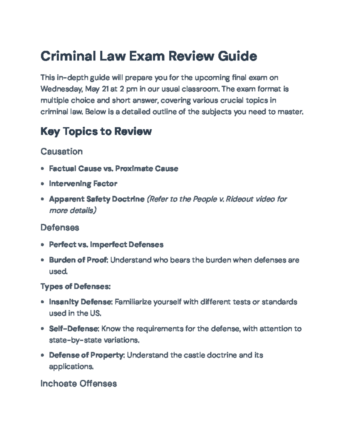 Criminal Law 101 - Final Exam Review Guide for May 21 - Studocu