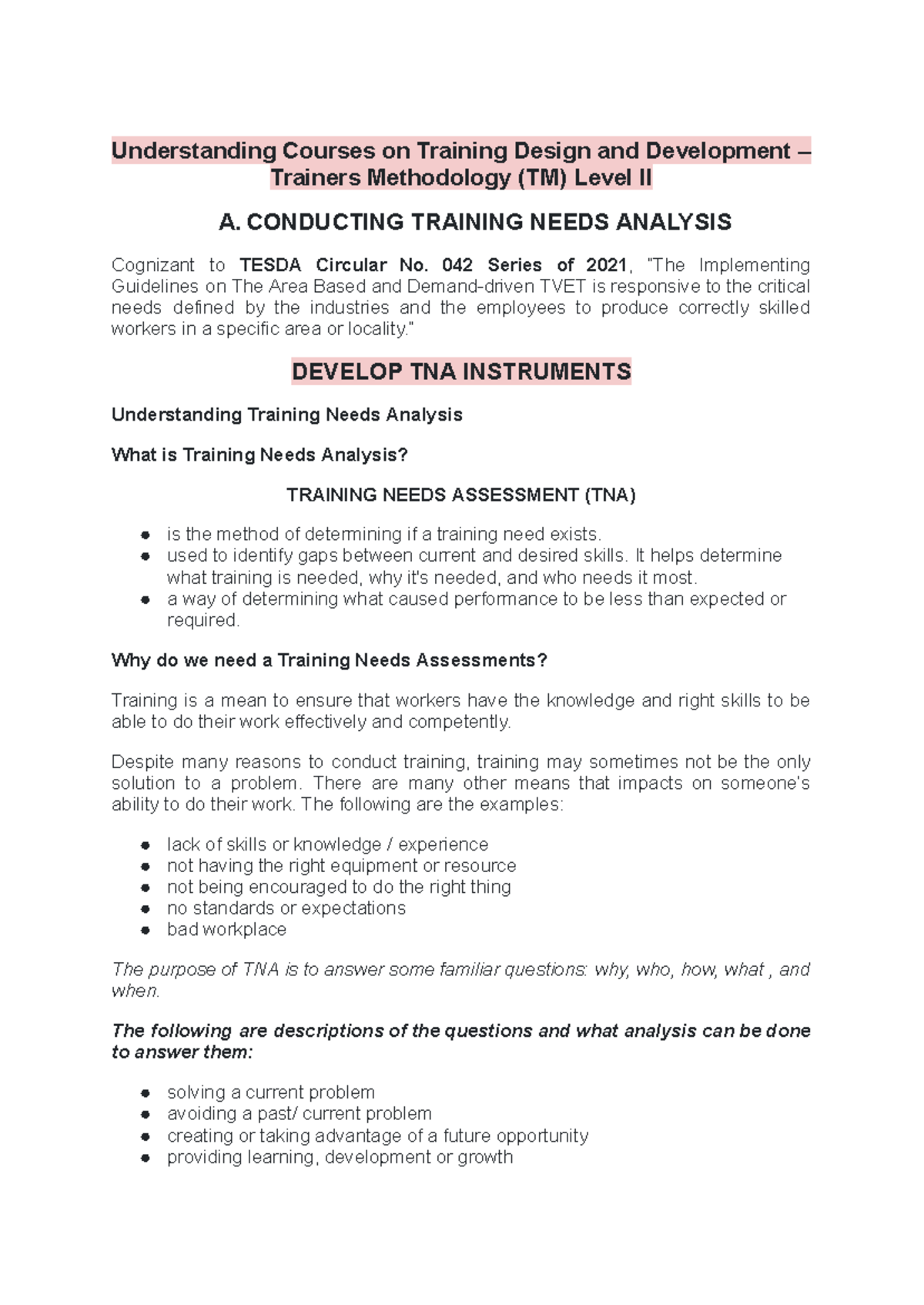 Training Needs Analysis (TNA) Methodology for TM Level II - Studocu
