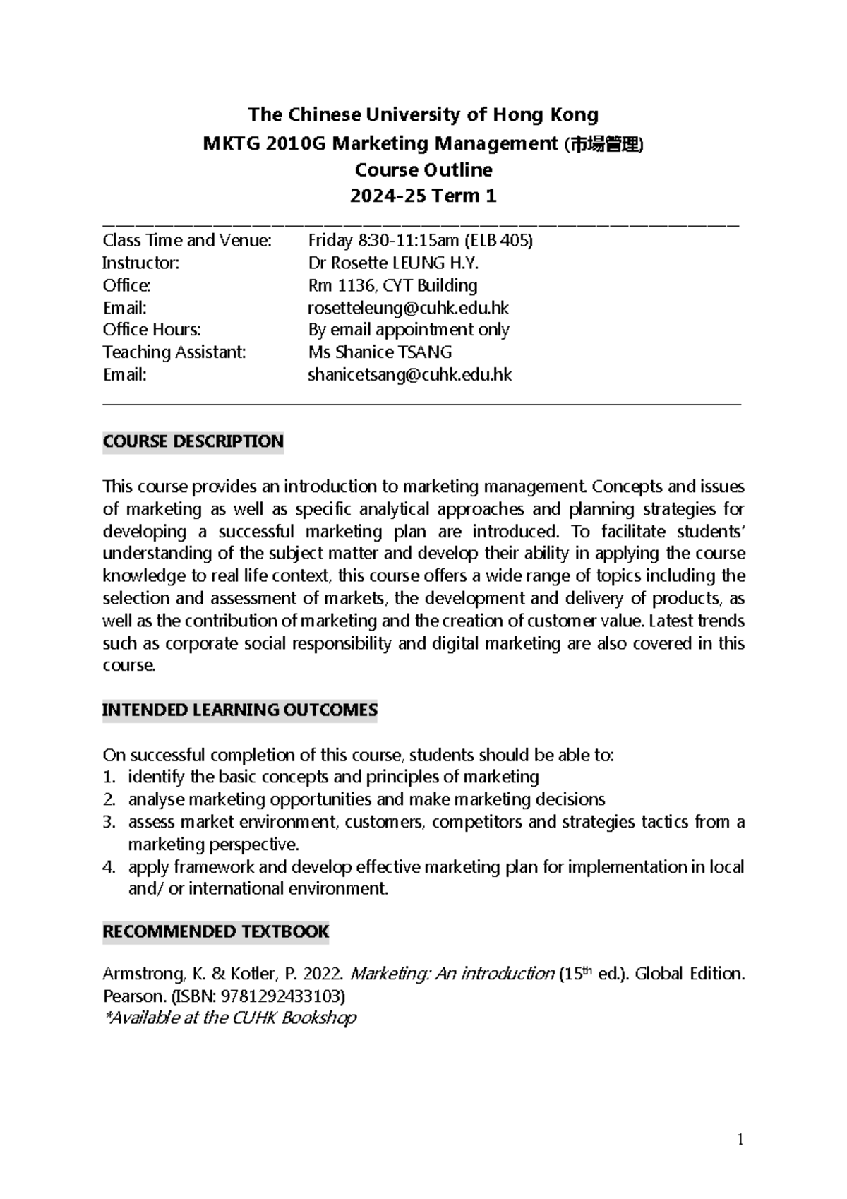 2425 MKTG2010G - Marketing Management Course Outline 2024-25 Term 1 ...