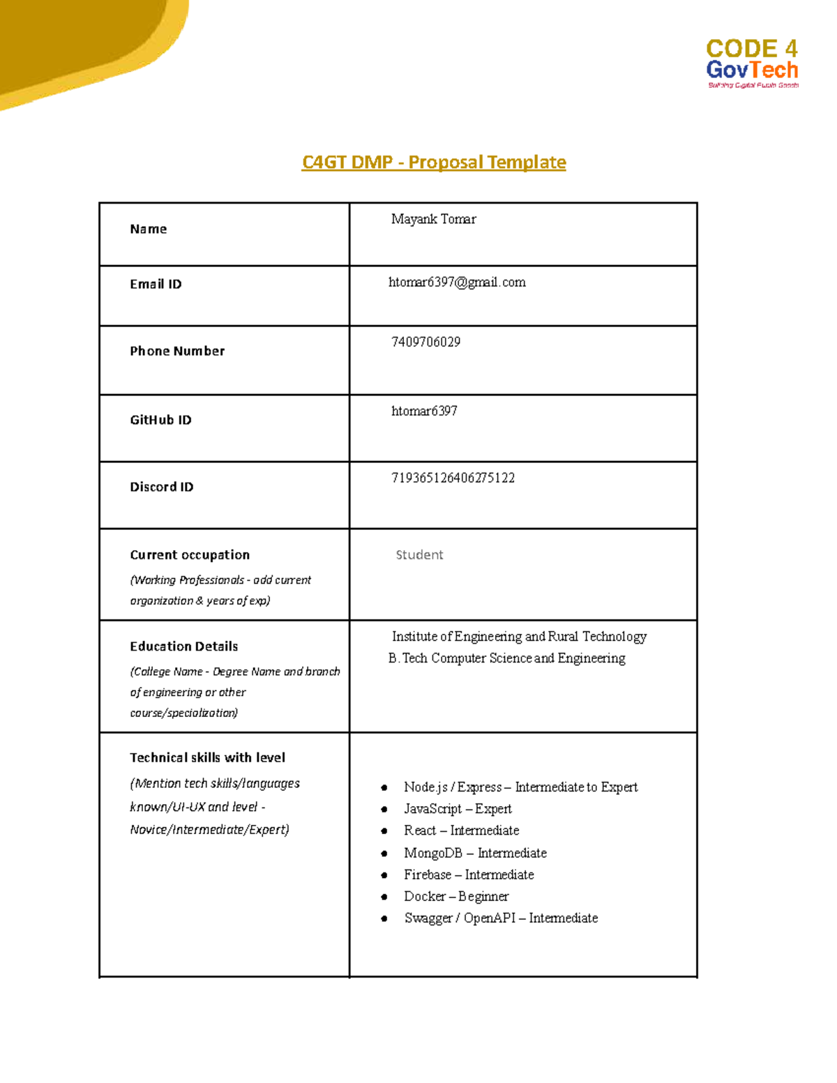 C4GT DMP Proposal Template for Backend Development Project - Studocu