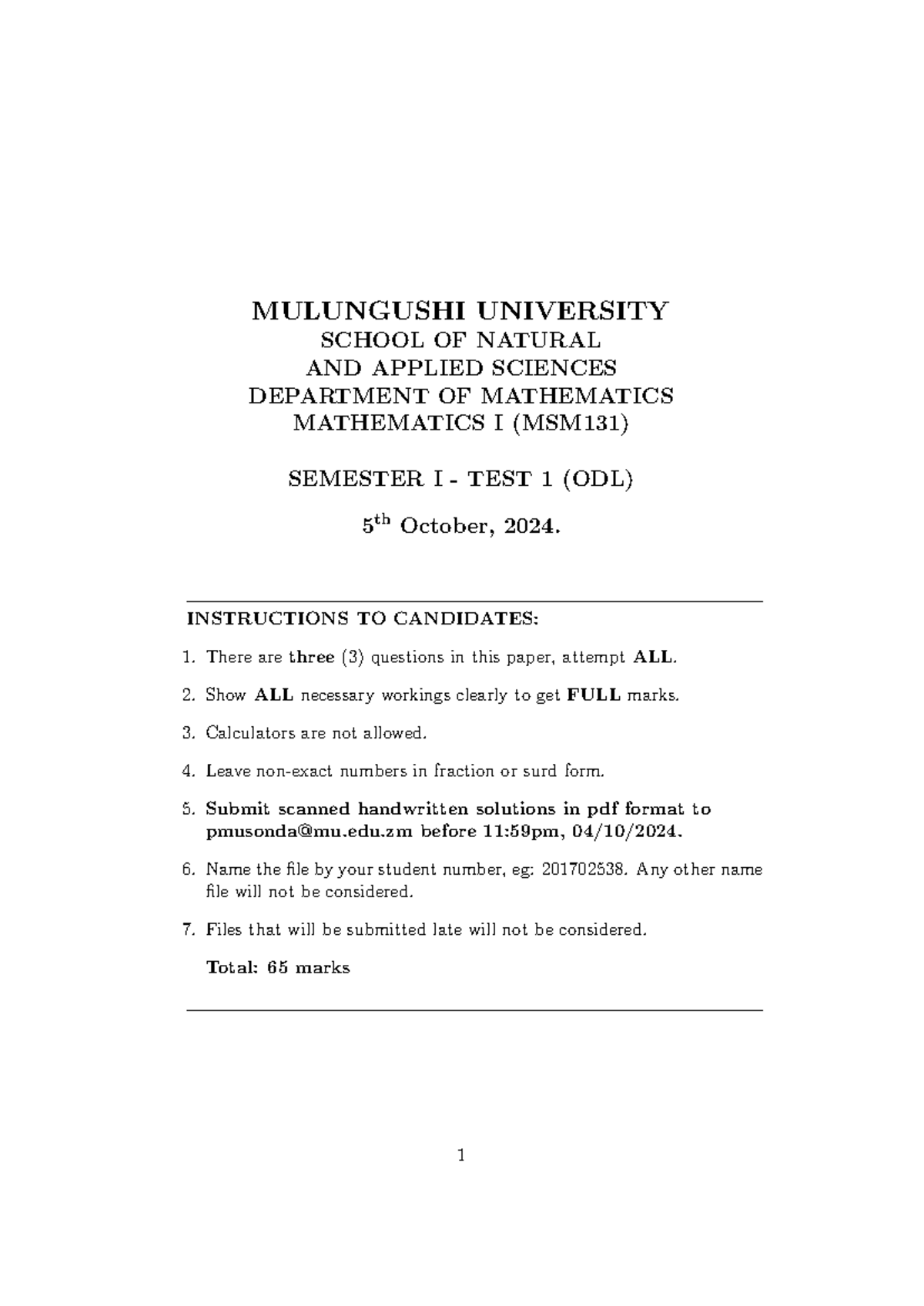 MSM131 Mathematics I Test 1 ODL - October 2024 - Studocu