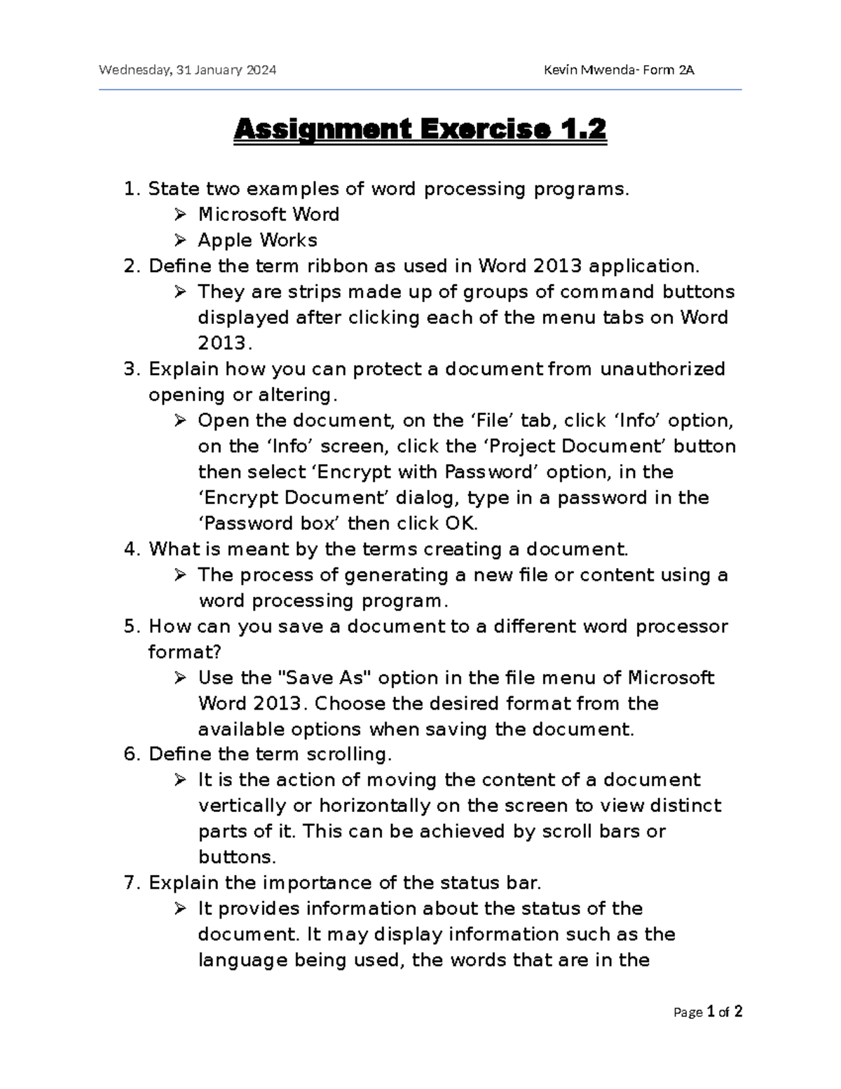 Assignment Exercise 1.2: Word Processing Basics and Functions - Studocu