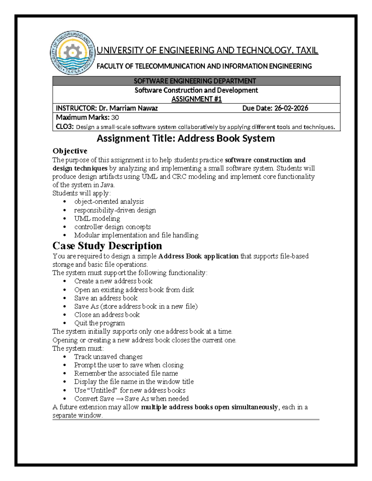Assignment #1 - SC&D: Address Book System Design & Implementation - Studocu