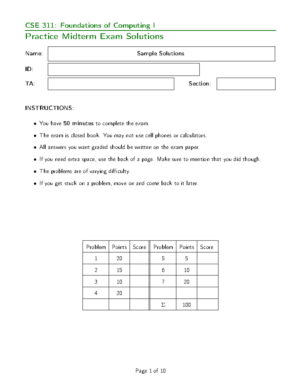 CSE 311: Foundations of Computing I Practice Midterm Exam Solutions ...