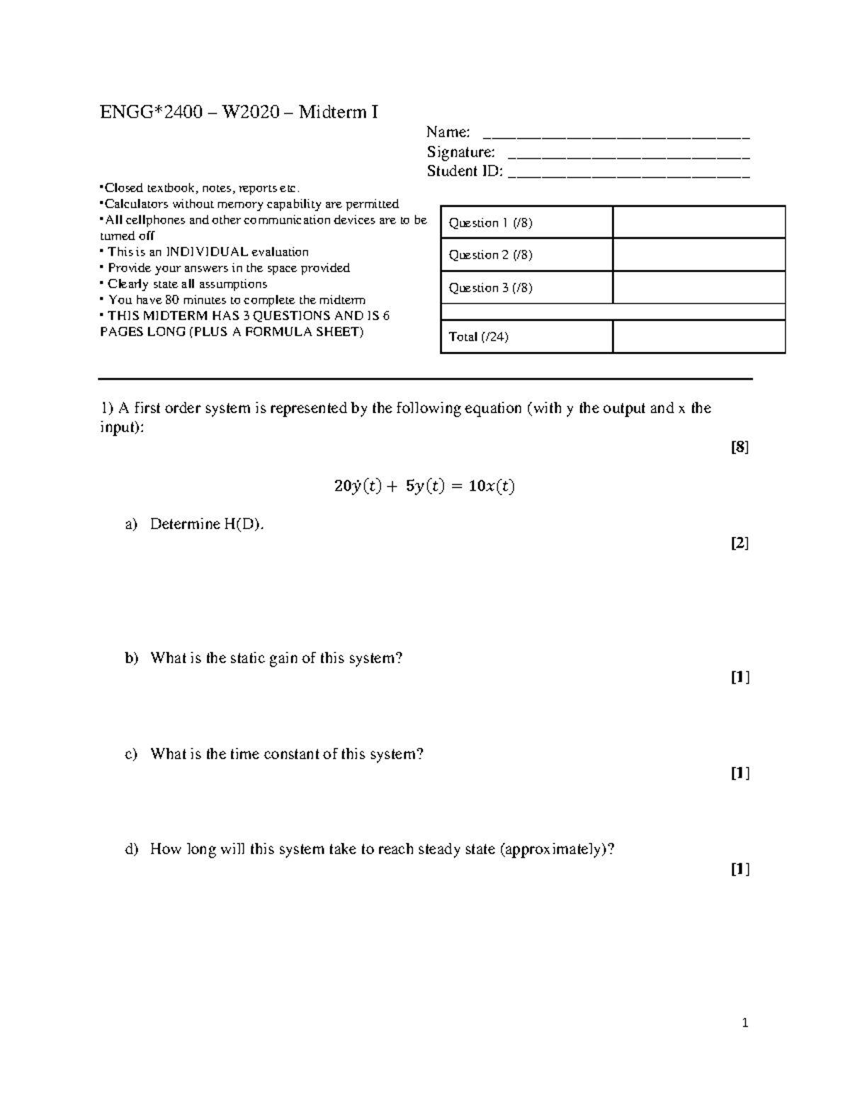 ENGG2400 Midterm I Exam - W20: System Dynamics & Heat Transfer - Studocu