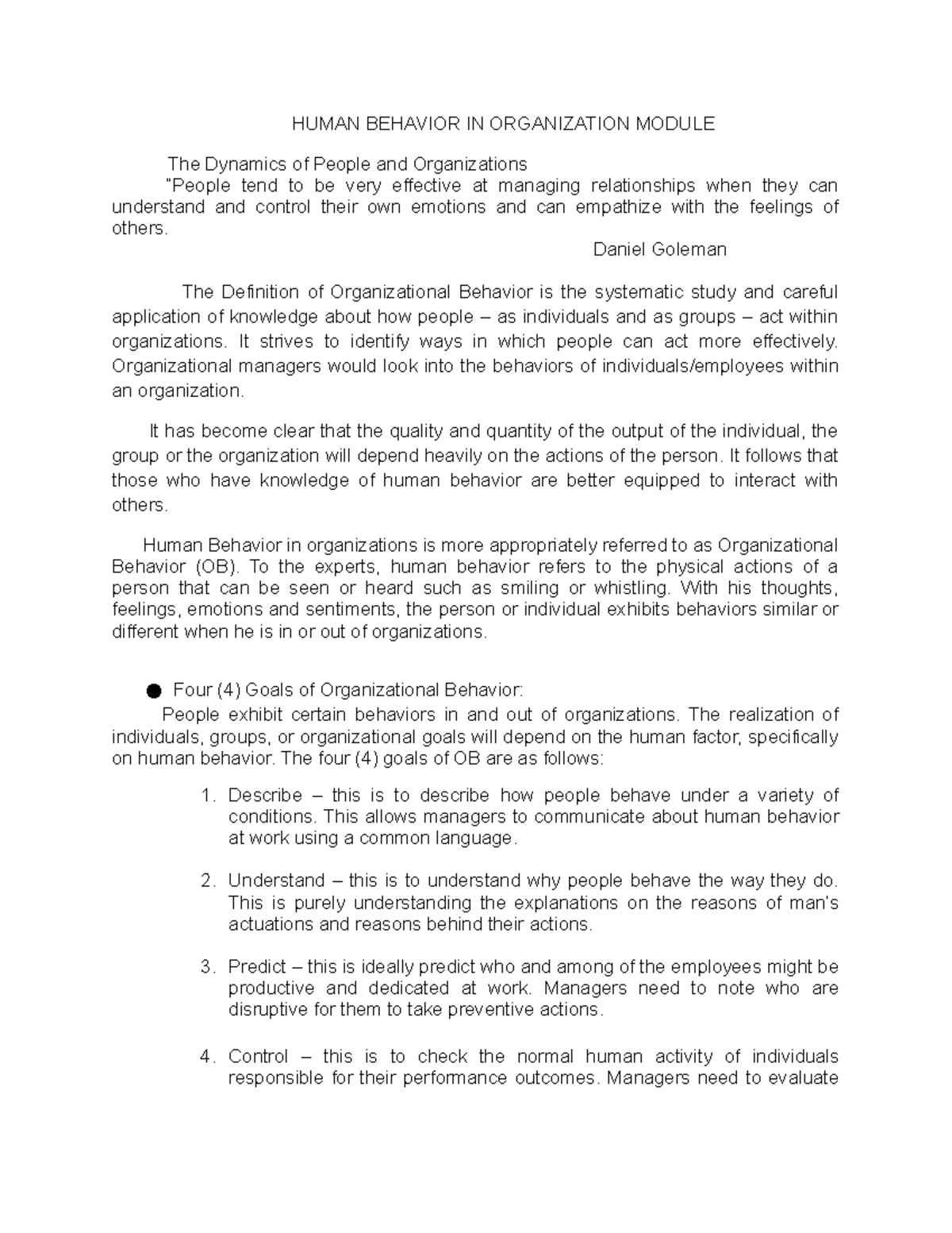 Human Behavior and Organizational Dynamics - 3rd Year Module - Document Preview