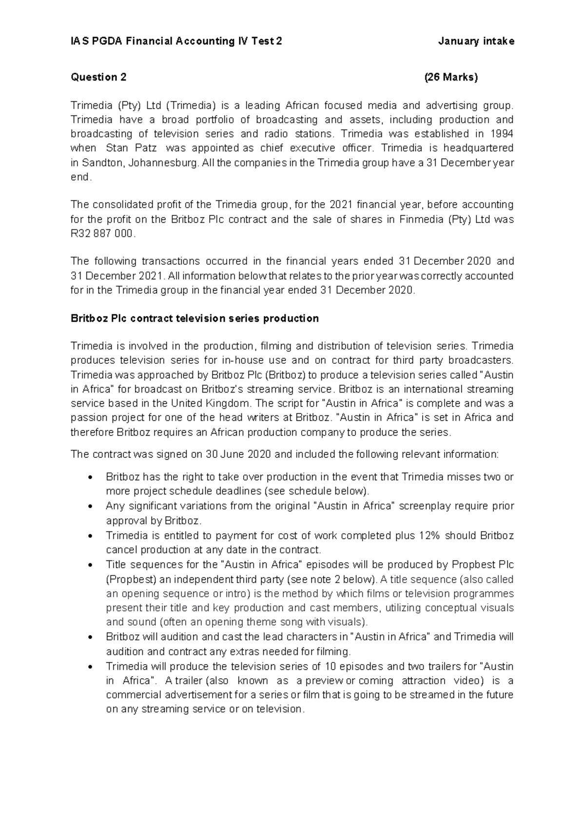 IAS PGDA Financial Accounting IV Test 2: Trimedia Plc Contract Analysis ...