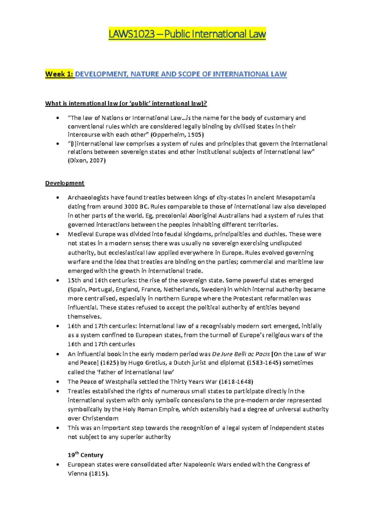LAWS1023 Public International Law Week 1: Development and Scope of ...