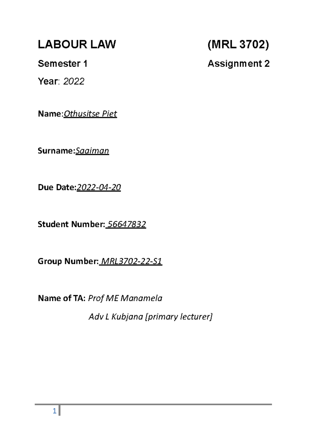 MRL3702 Labour Law Assignment 2 - Organisational Rights Overview - Studocu