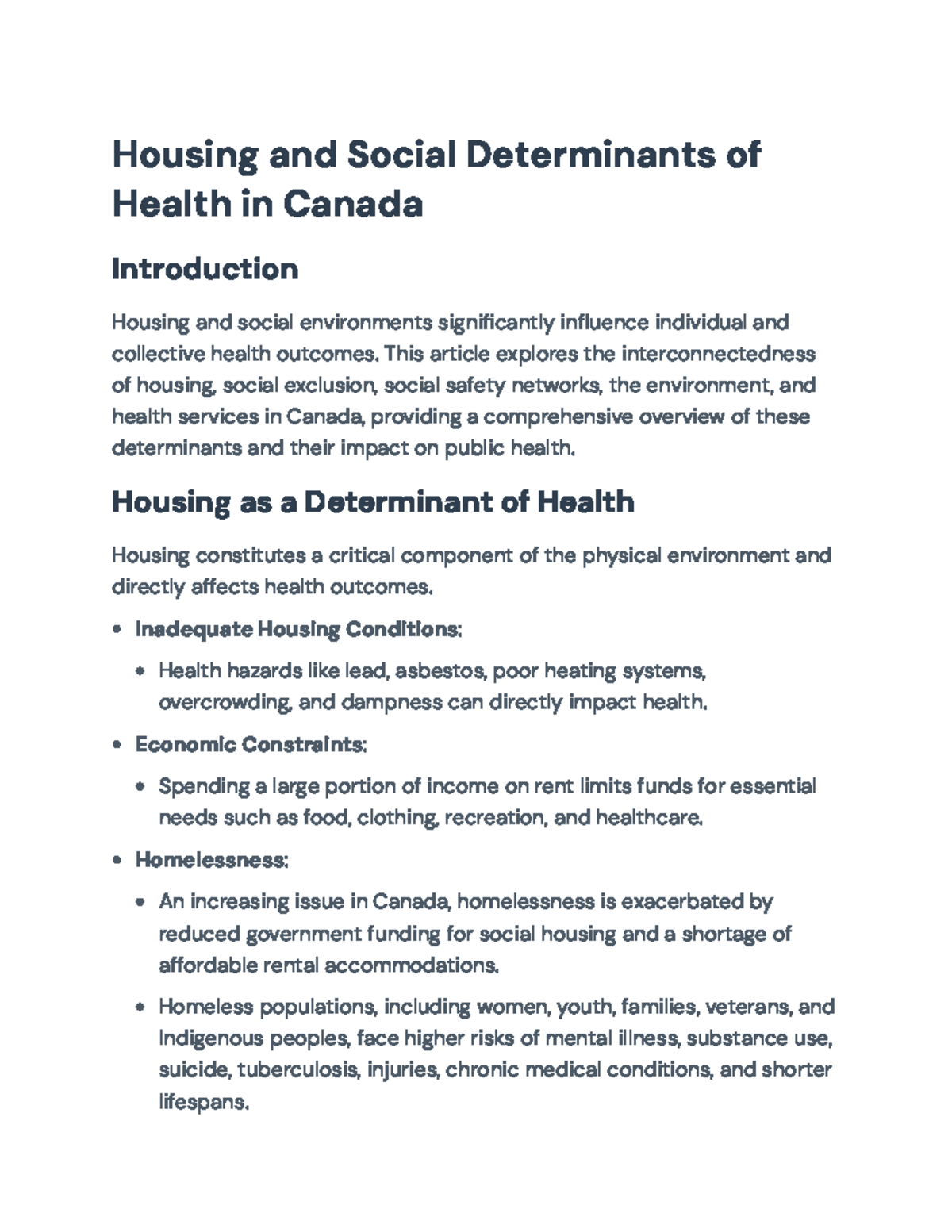 Housing and Social Determinants of Health in Canada: A Detailed ...