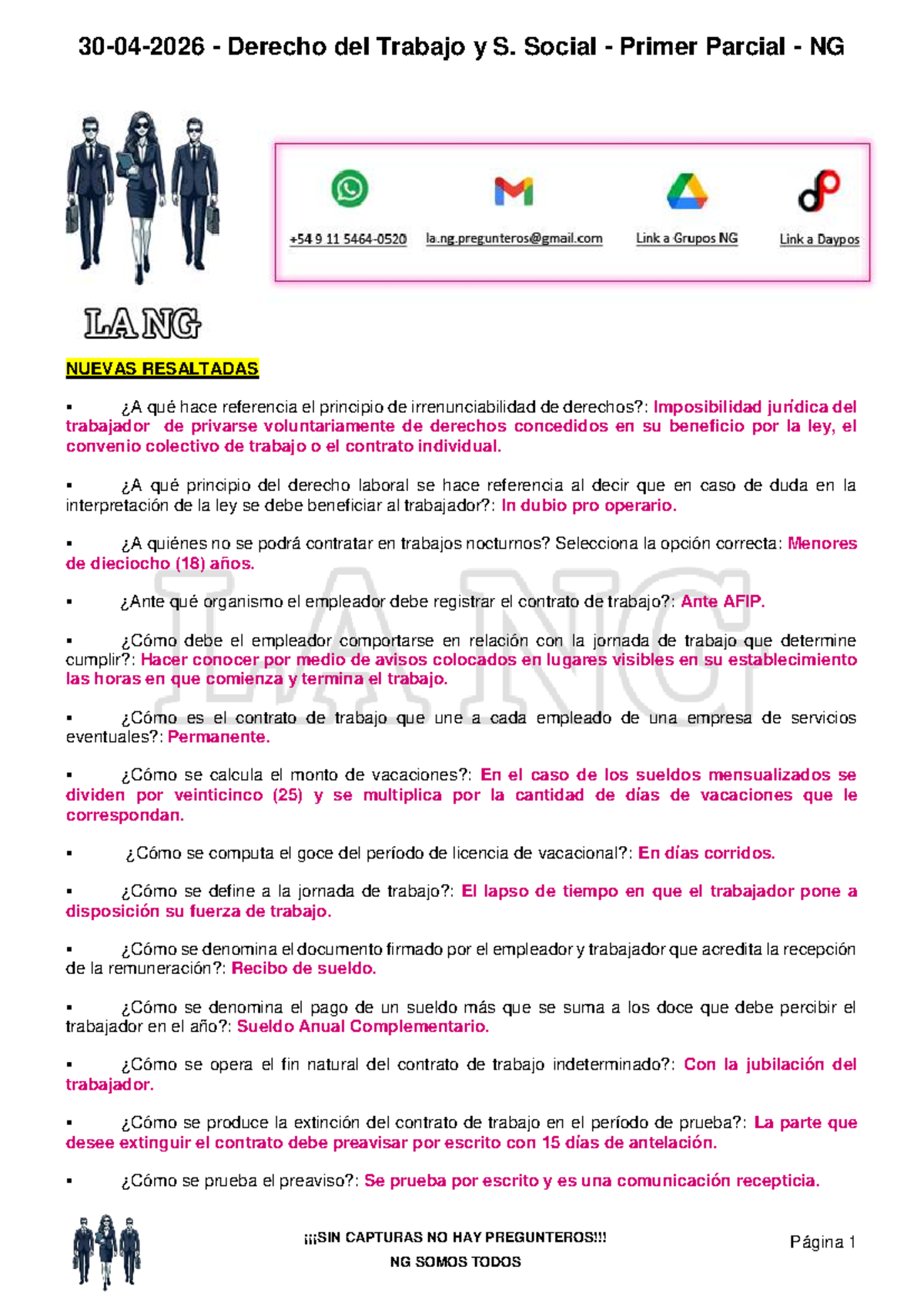 Derecho del Trabajo y S. Social - Primer Parcial NG - Resumen y Claves ...